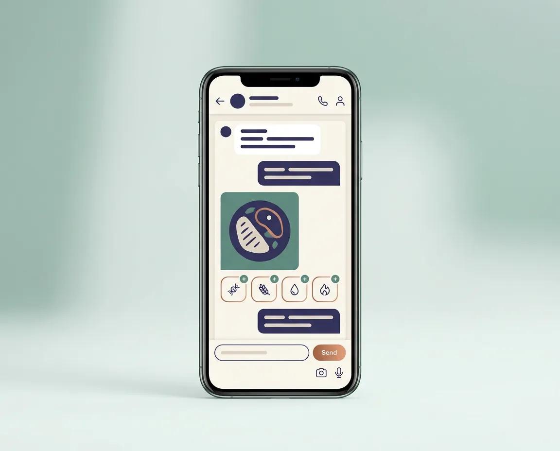 Katie AI mobile app chat interface showing photo meal logging and instant macro feedback