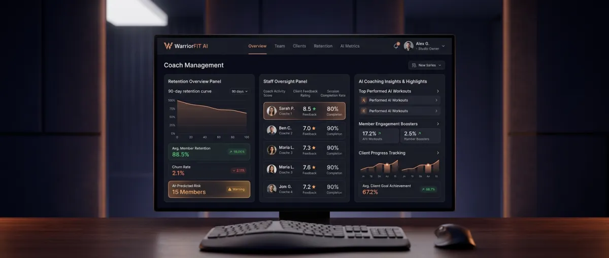 WarriorFIT AI Coach Management Dashboard Overview with live retention metrics and staff oversight