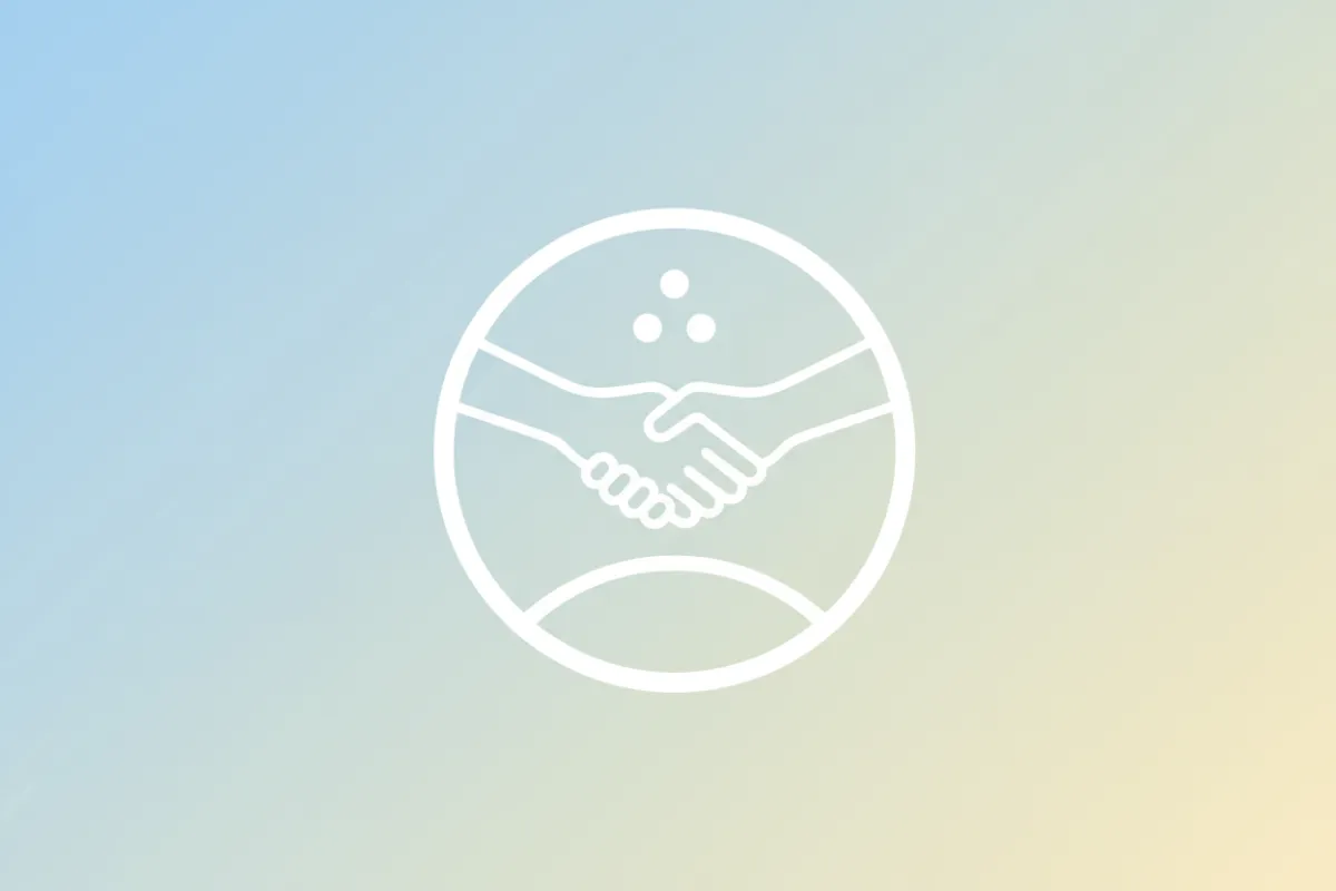 Community partner badge, white on gradient, using simple iconography for clarity at small icon heights (32–40px).