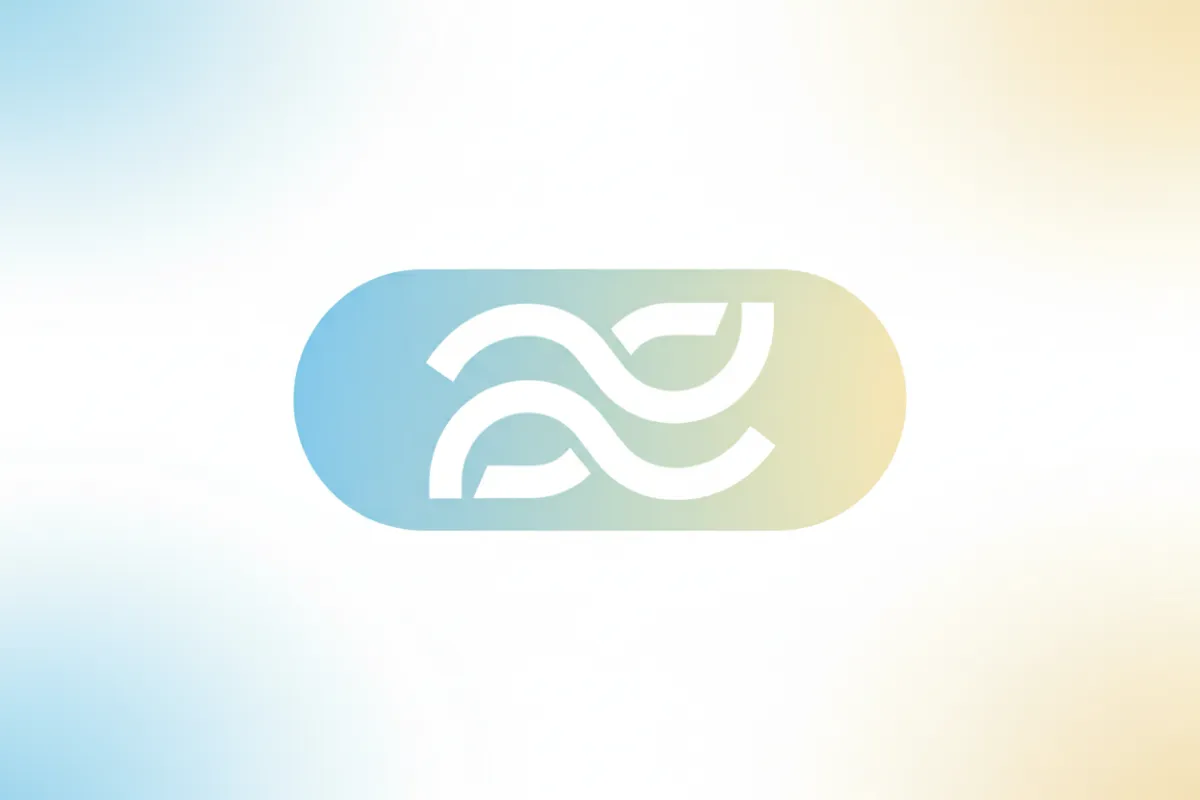 Partner mark stylized as a white horizontal badge optimized to sit inside the gradient pill; high-contrast strokes for small sizes.