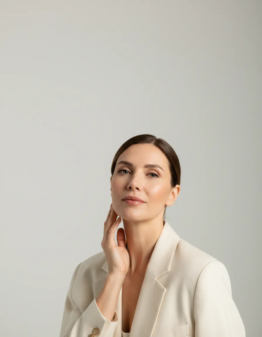 Woman touching neck in white blazer