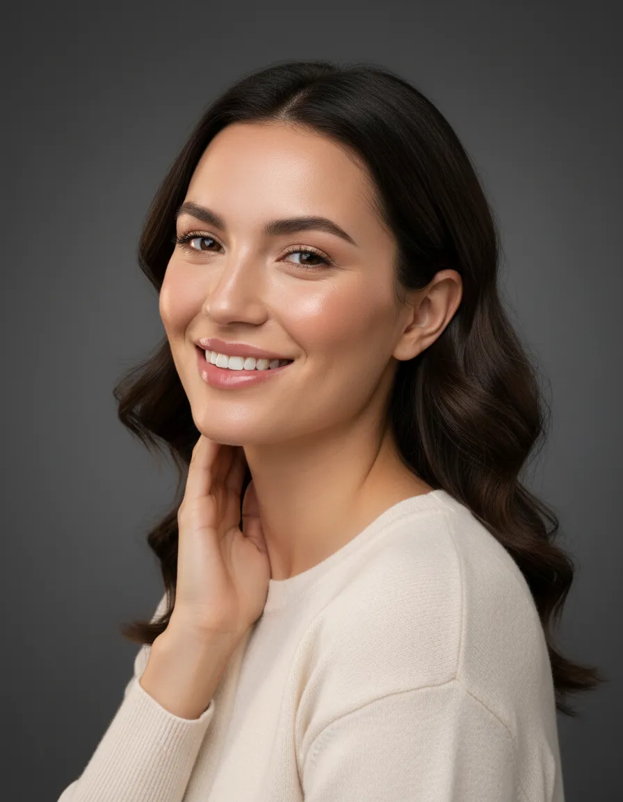 Smiling woman touching her neck