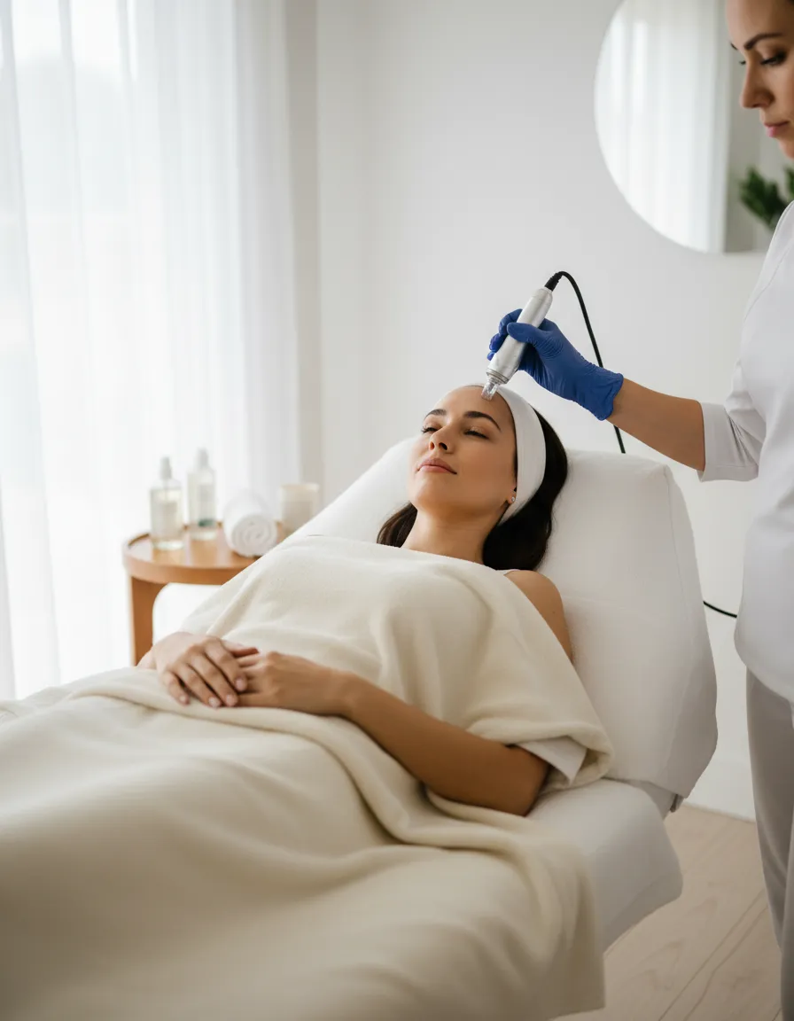 Provider administering SkinPen treatment on patient's forehead