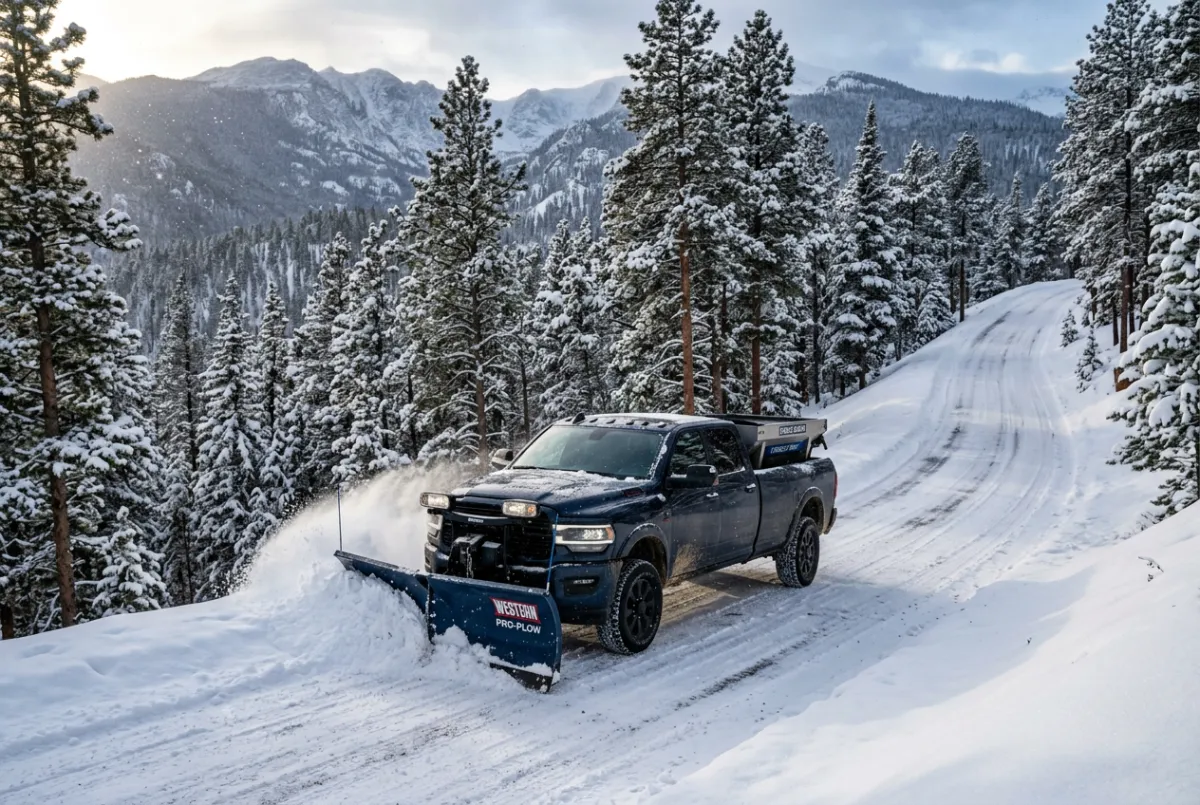 Residential 4x4 plow clearing steep mountain driveway in Evergreen Colorado