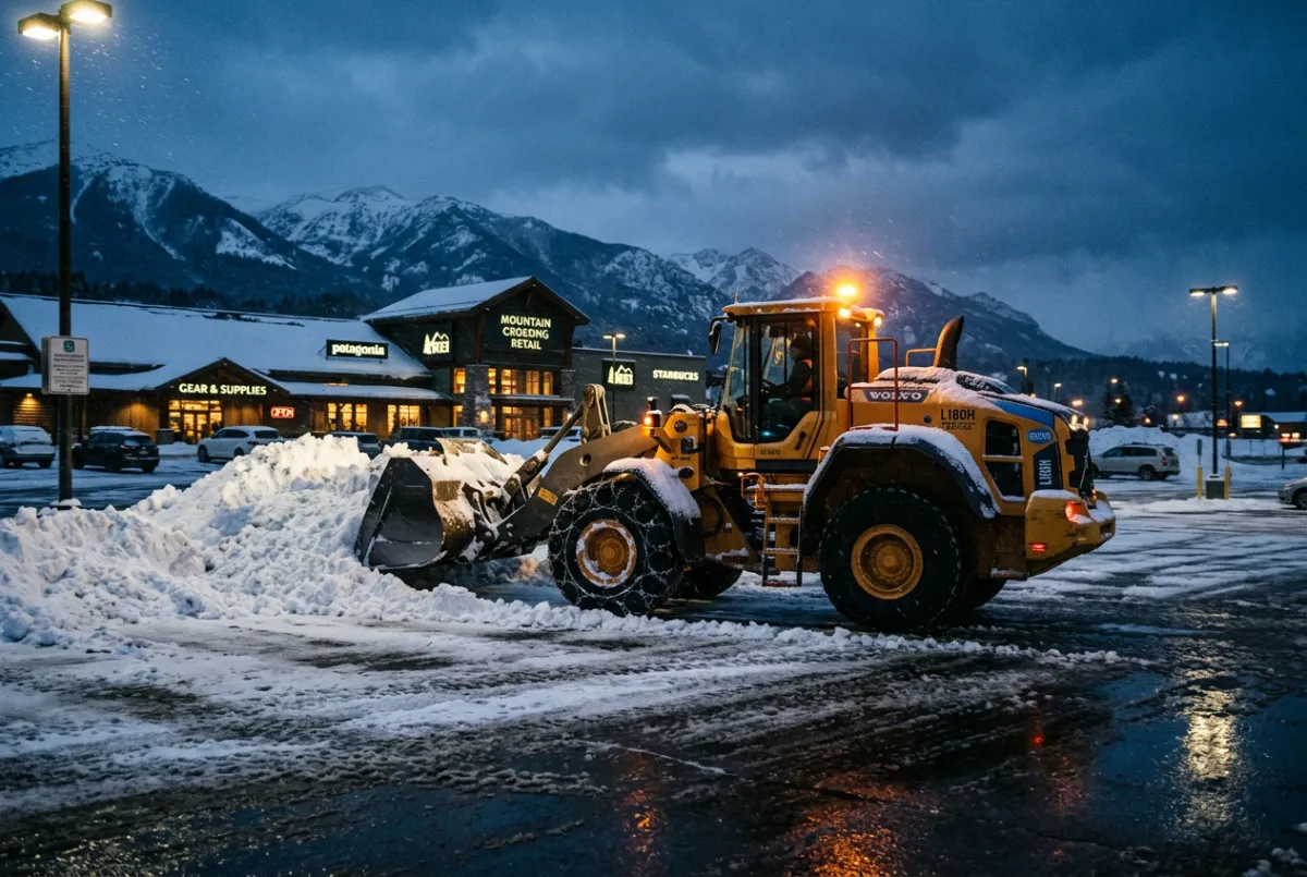 Commercial heavy-duty wheel loader clearing mountain retail parking lot