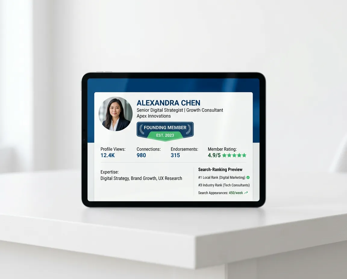Framed visual mockup of a verified founding member directory listing with engagement metrics and search ranking preview