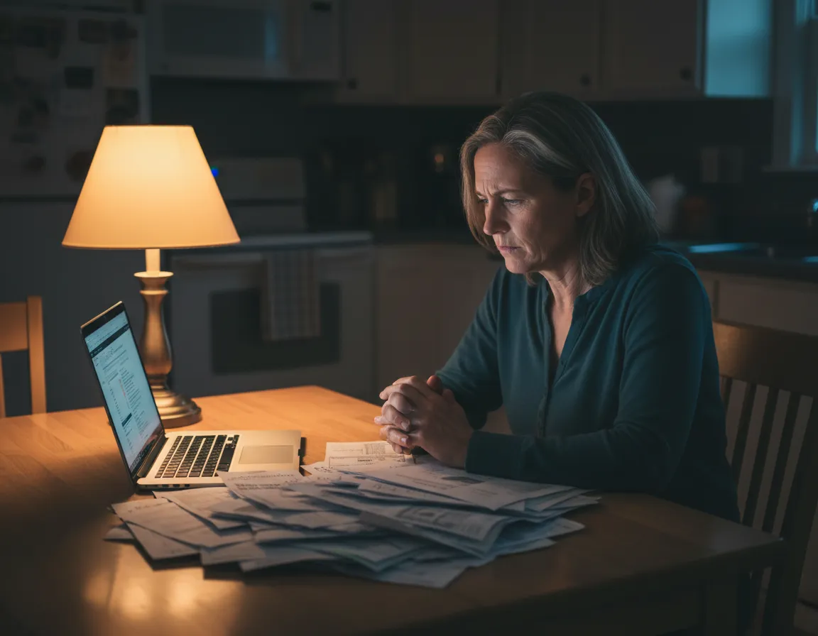 Stressed adult child looking at bills at night