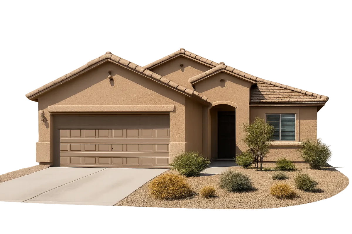 Photorealistic single-family North East Las Vegas home exterior with desert landscaping