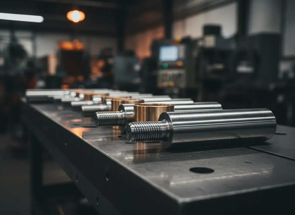 Stock image of turned shafts on a lathe