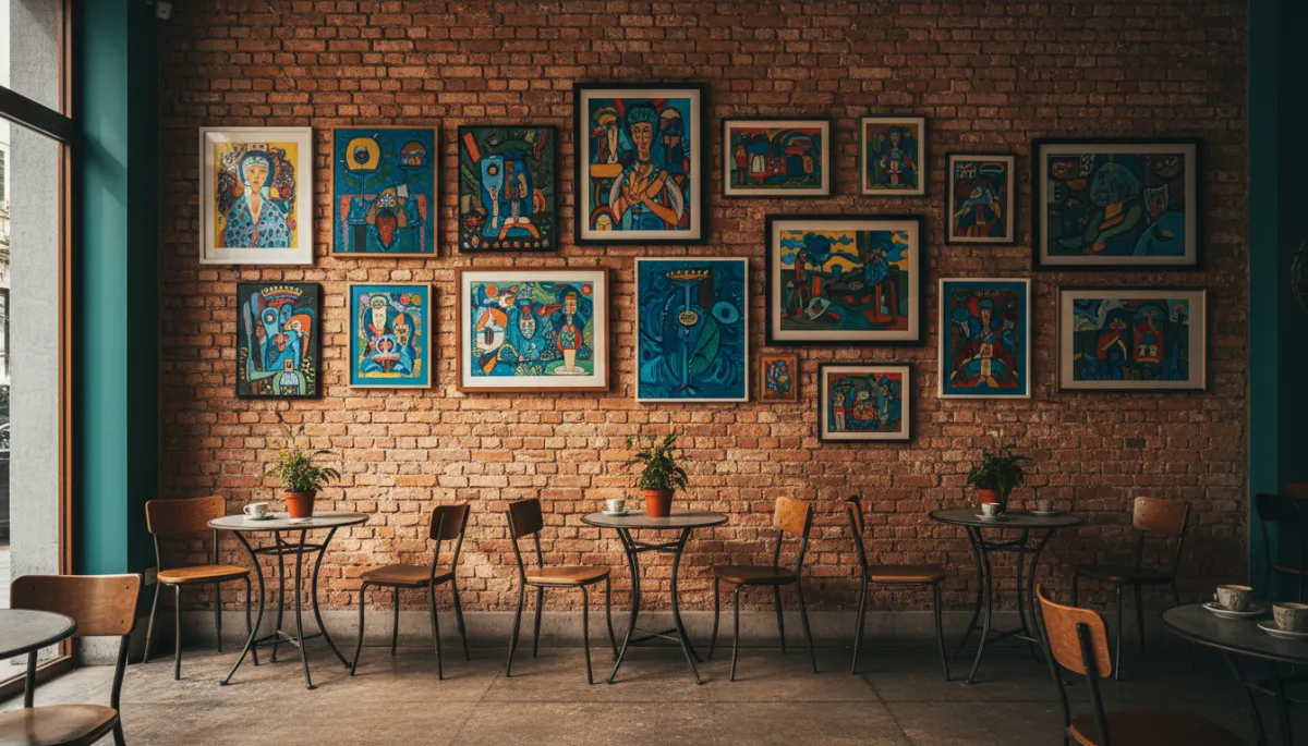 Wall of finished artworks inside La Daronne coffee and art shop