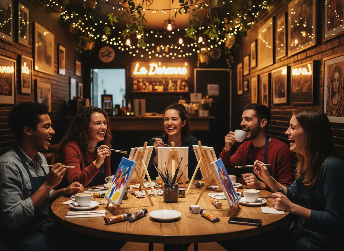 Friends enjoying coffee while painting at La Daronne