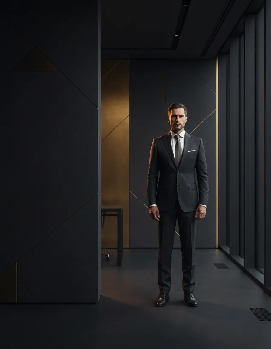 Executive consultant in dark architectural setting