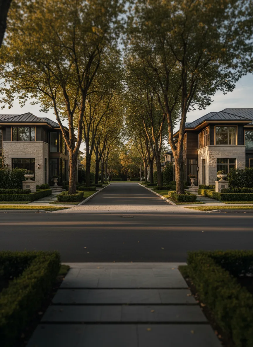 Serene, tree-lined upscale neighborhood street in an editorial frame
