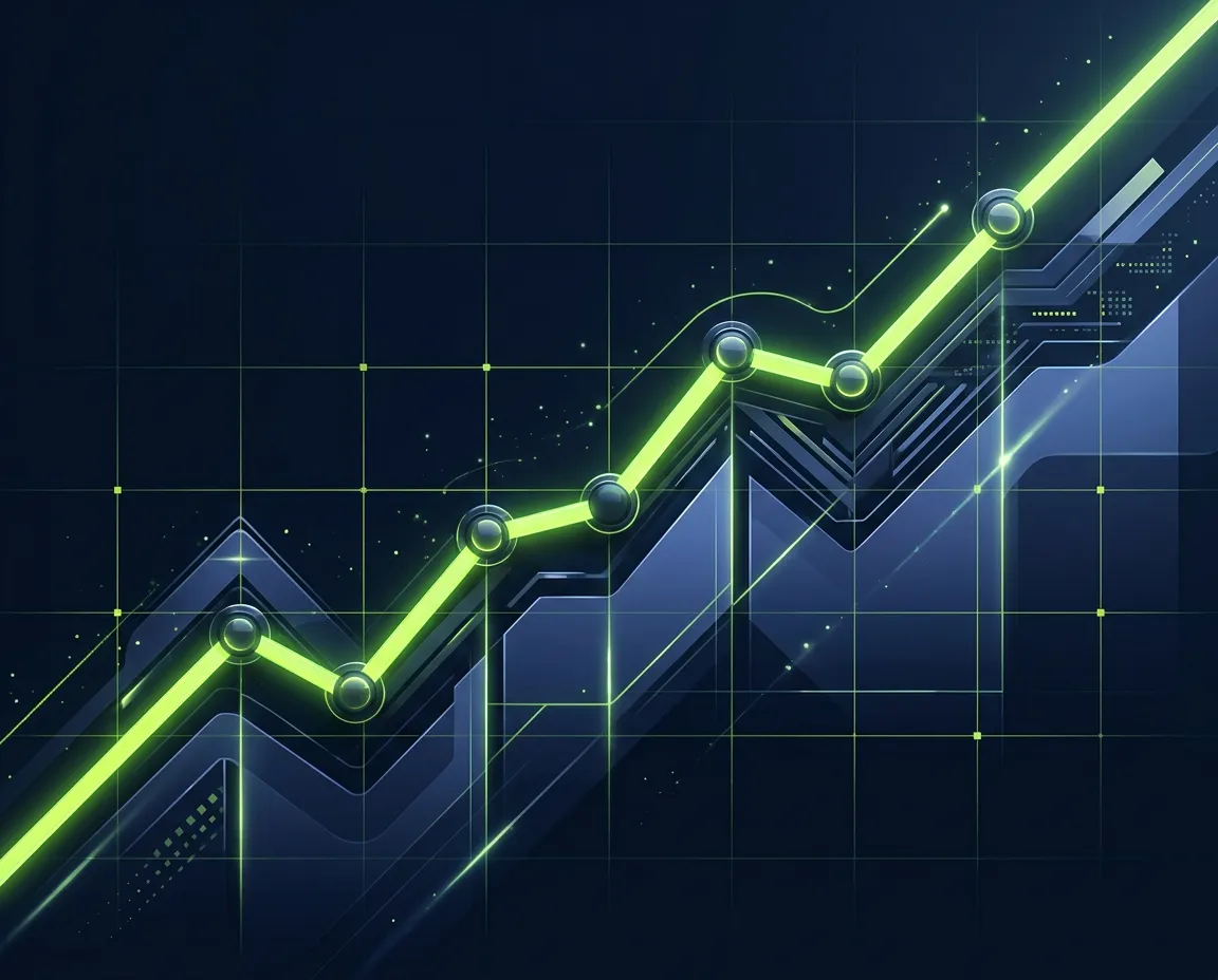 Abstract cybernetic data graph showing exponential MRR trajectory with lime-green trendlines on dark navy background