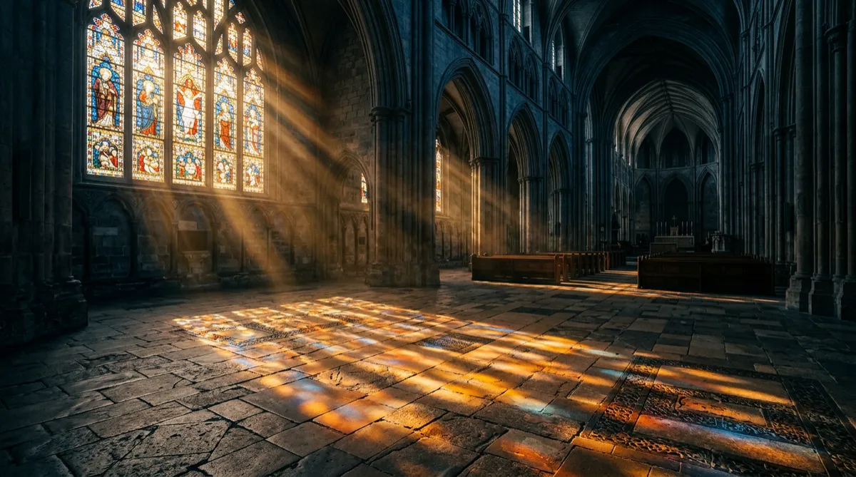 Cathedral stained glass casting warm light on stone sanctuary floor
