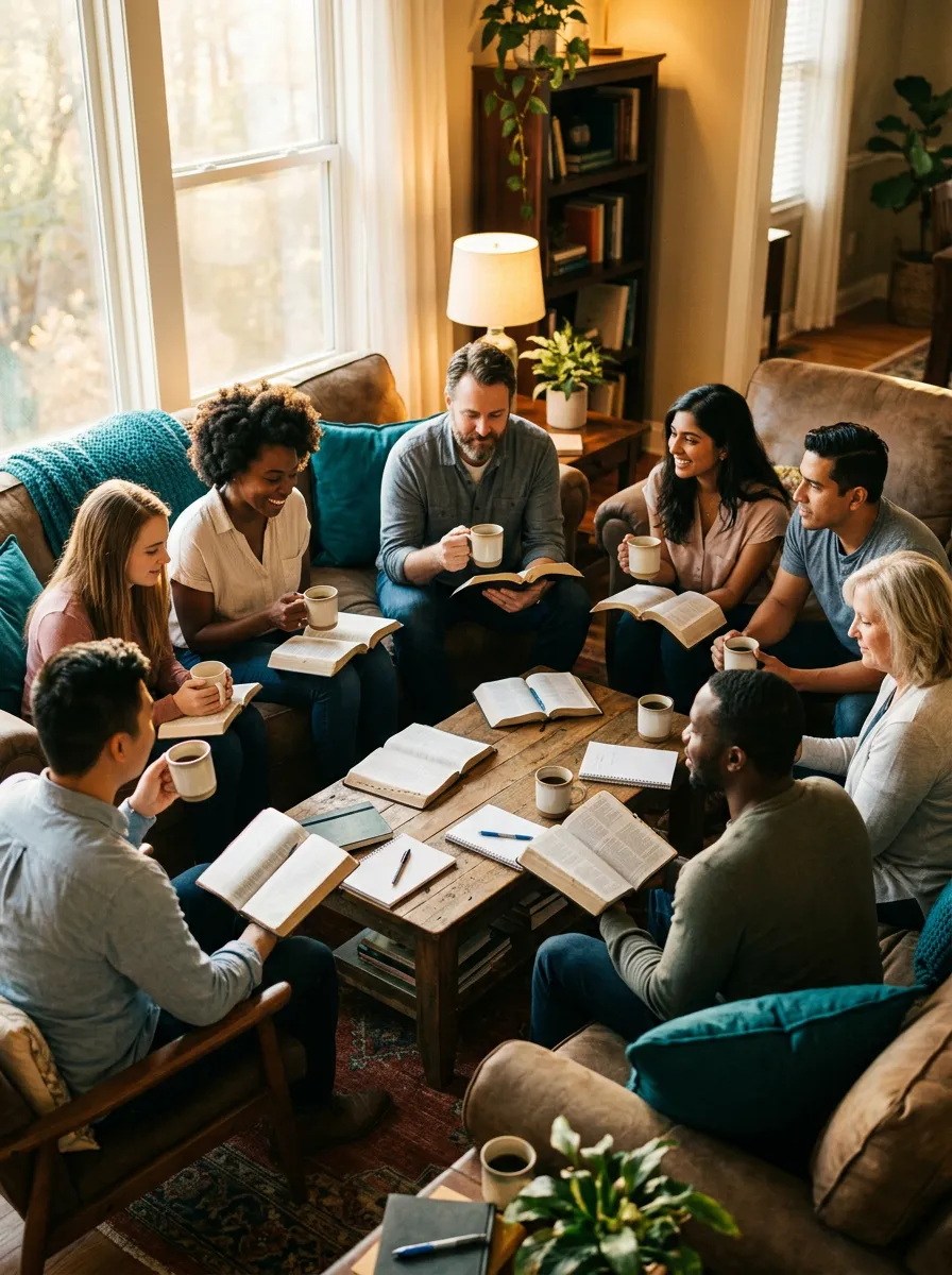 Warm small group gathering sitting together in a cozy living room studying scripture with coffee