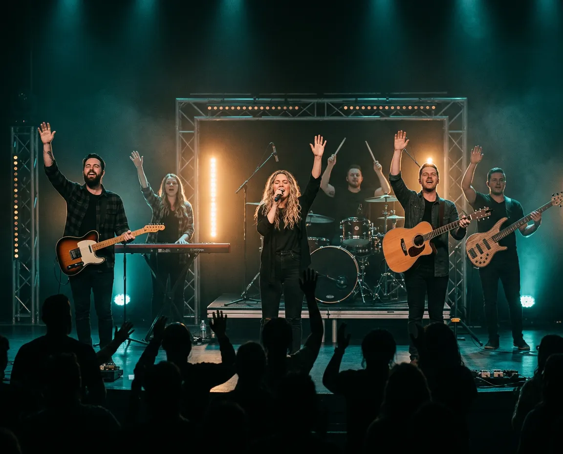 Vibrant contemporary worship band leading congregation with warm lighting and raised hands