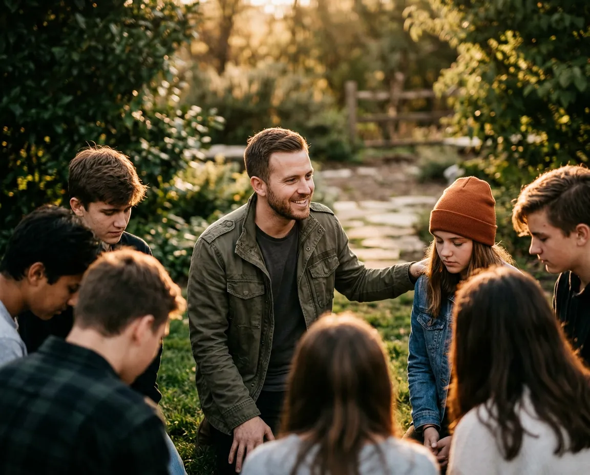 Youth Pastor smiling warmly while praying with small youth circle outdoors