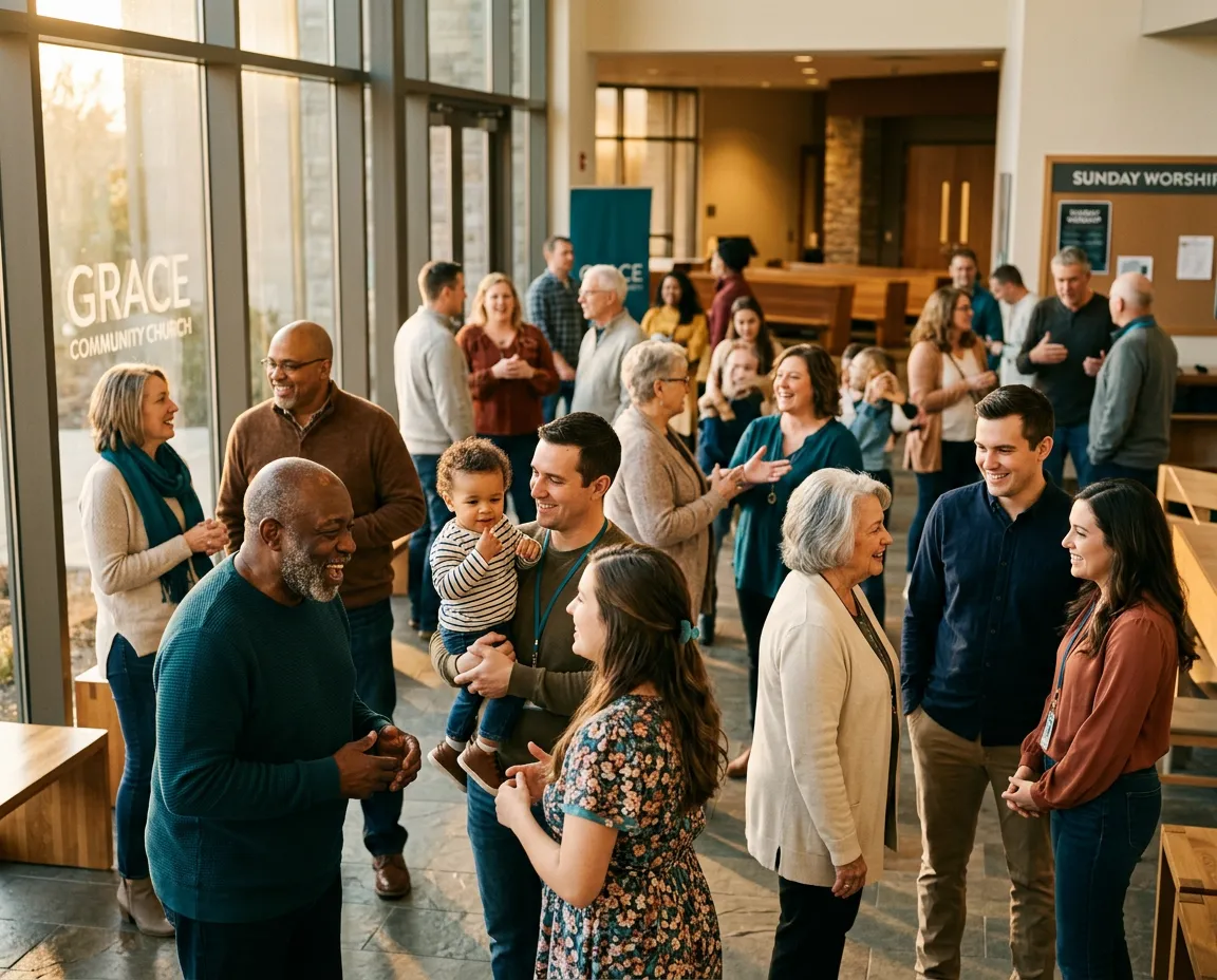 Members of Faith Community Church conversing warmly together after Sunday worship