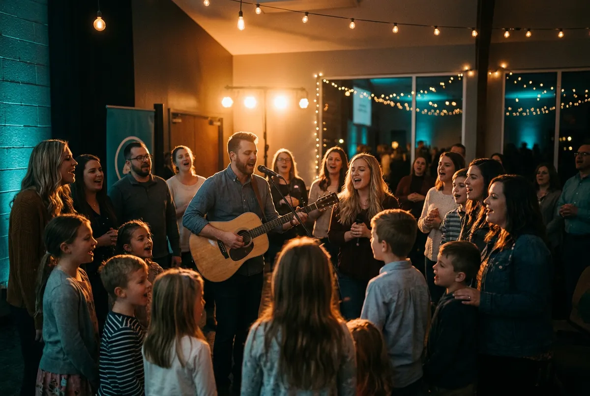 Families gathering for church fellowship and musical worship