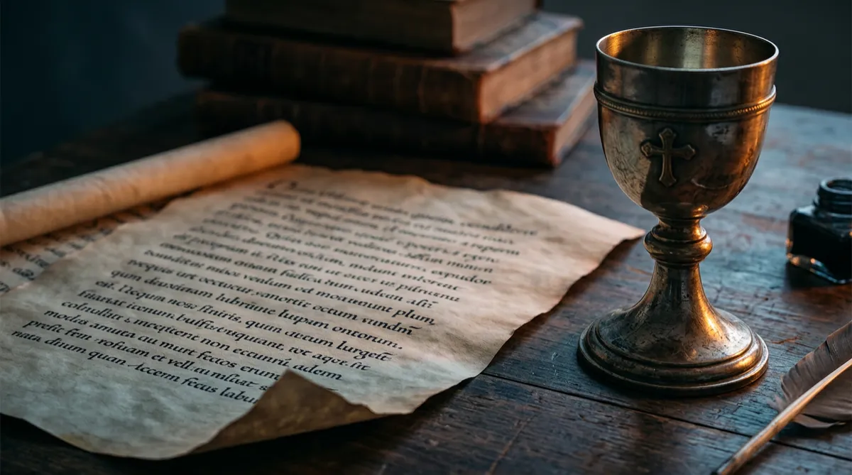 Antique parchment manuscript and liturgical chalice in quiet study