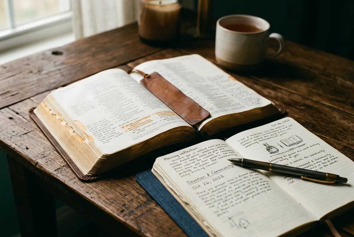 Open Bible and study journal on a warm morning table