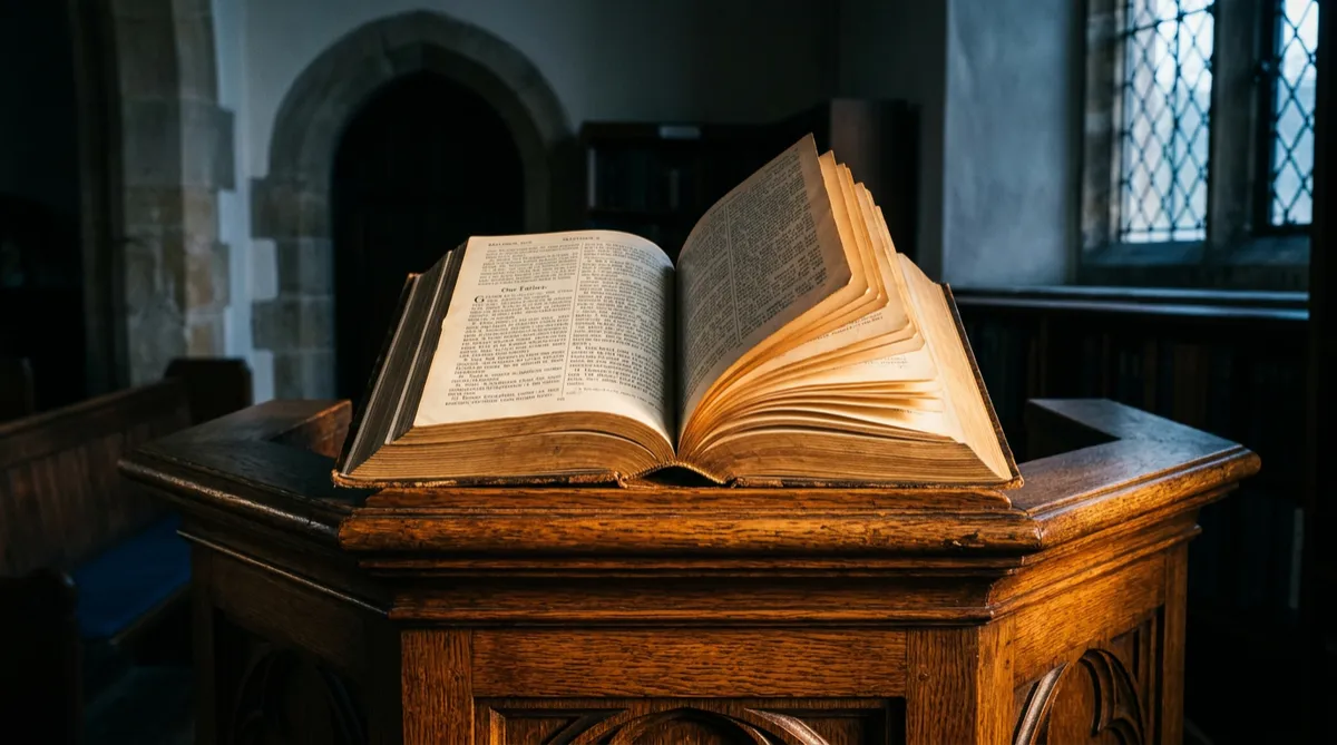 Liturgical open Bible illuminated on historical wooden pulpit