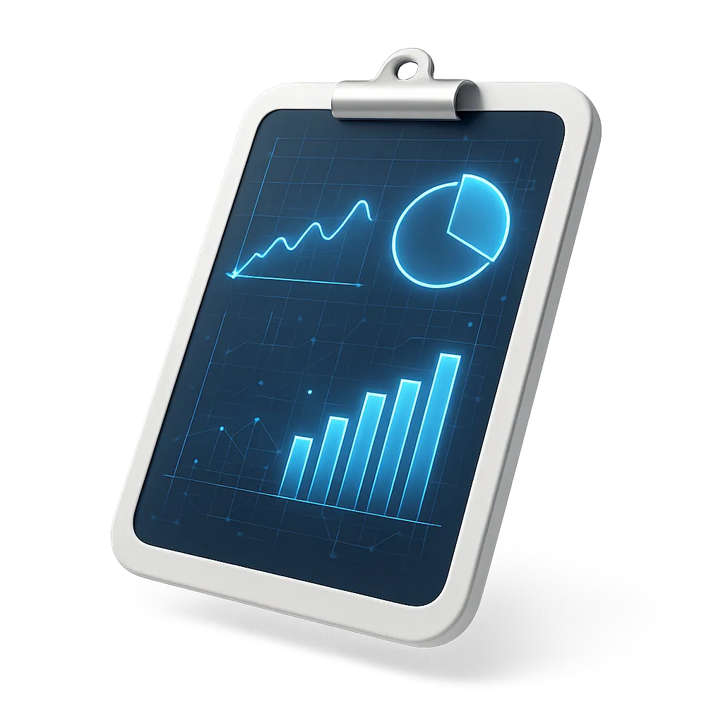 A professional, stylized 3D render of a clean white clipboard or tablet displaying abstract, glowing blue analytics graphs and blueprint nodes.