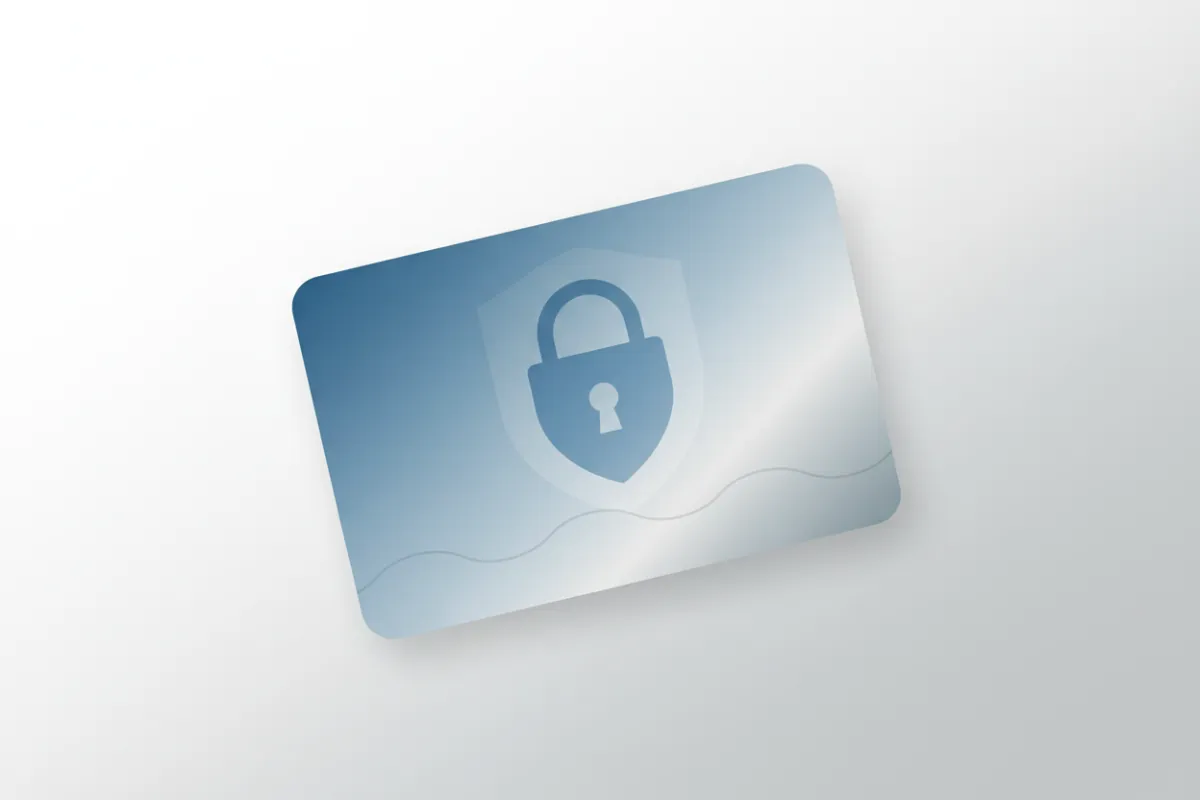 Abstract minimal illustration of a secure credit card with a blue lock icon overlay, symbolizing payment security and privacy.