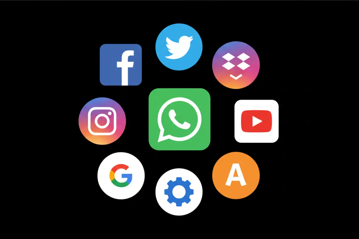 Composition of logos including the WhatsApp logo — no illustrations or people.