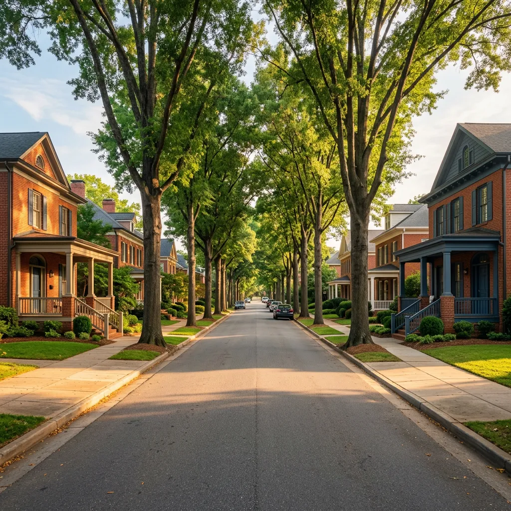 Sunlit historic Charlotte neighborhood street with tree-lined sidewalks and classic brick architecture