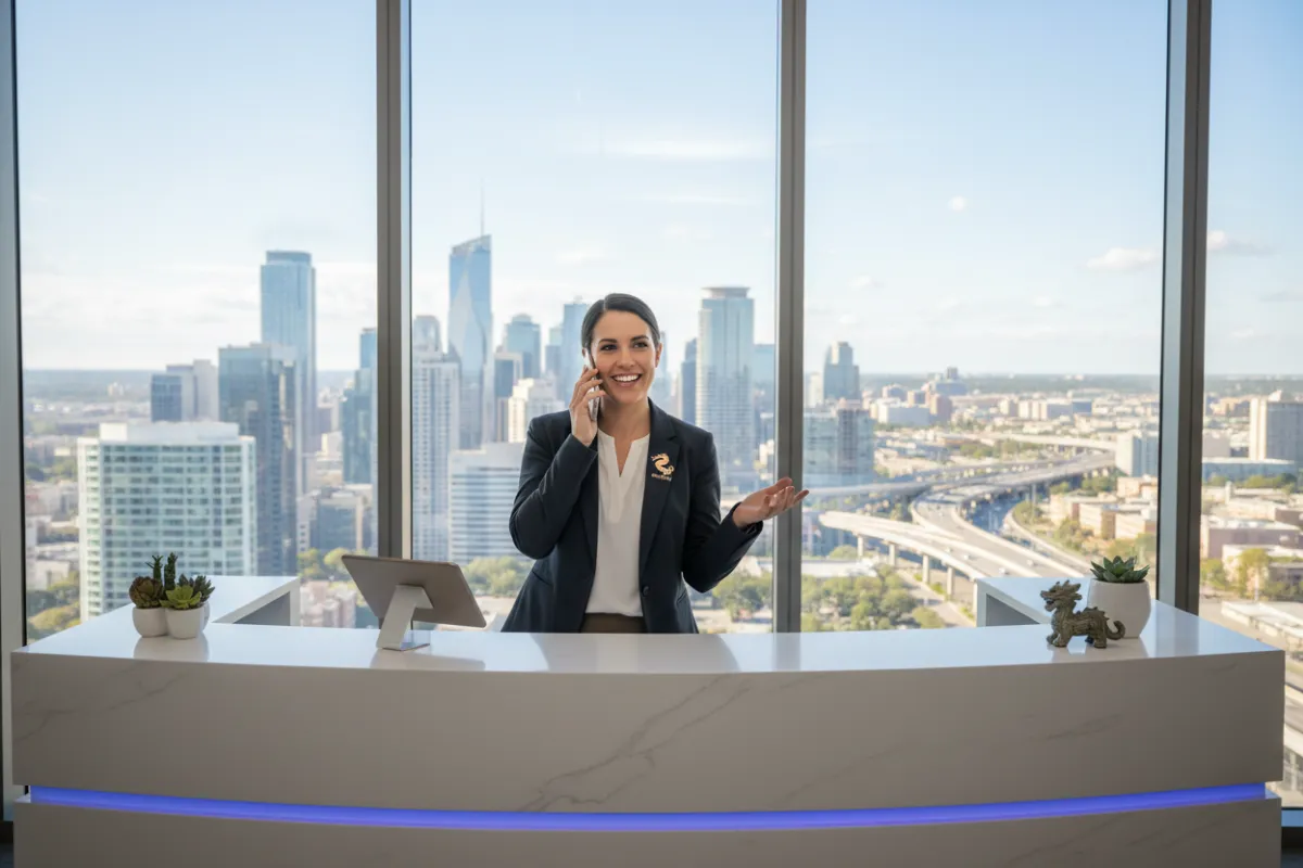 A friendly Dragon Imports representative speaking on the phone at a modern reception desk, with a cityscape visible through large windows, conveying approachability and global connectivity.