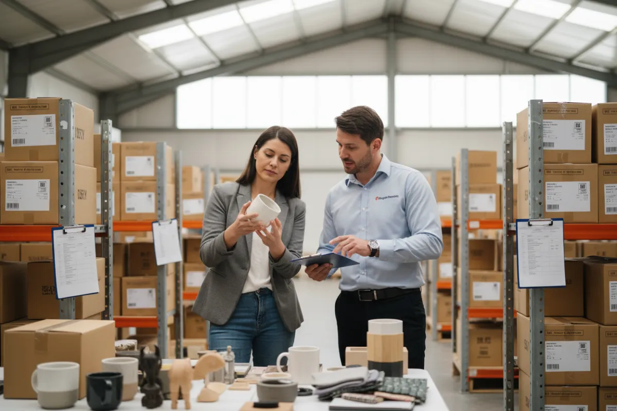 A business owner reviewing product samples with a Dragon Imports manager in a well-lit warehouse, surrounded by neatly stacked boxes and quality control checklists, highlighting hands-on support and operational transparency.