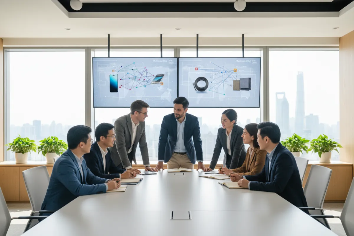 A diverse team of sourcing professionals collaborating in a modern Shanghai office, with digital screens showing logistics and product samples, all in a bright, contemporary workspace. The team is focused, multi-ethnic, and engaged in active discussion, representing reliability and expertise.