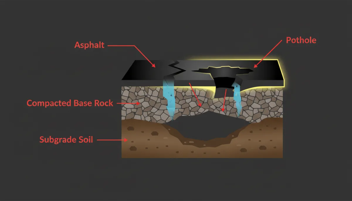 Cutaway diagram showing asphalt surface, base, and subgrade with crack damage