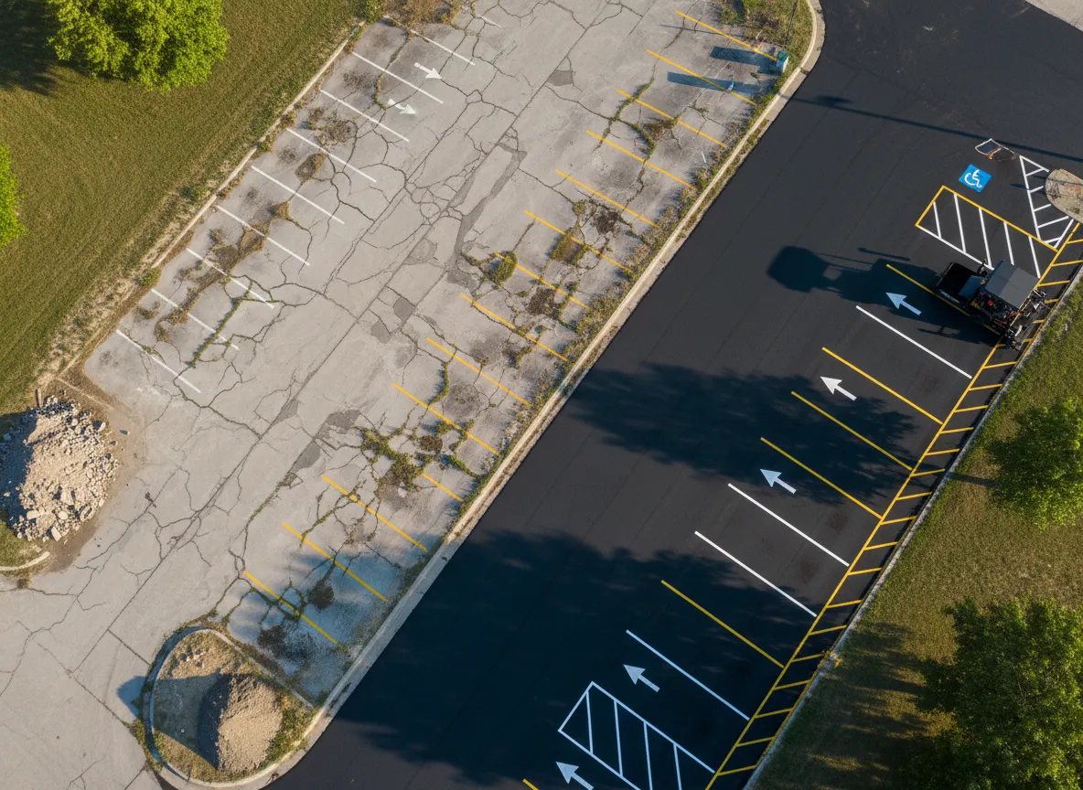 Drone shot of asphalt overlay in progress in Kansas parking lot