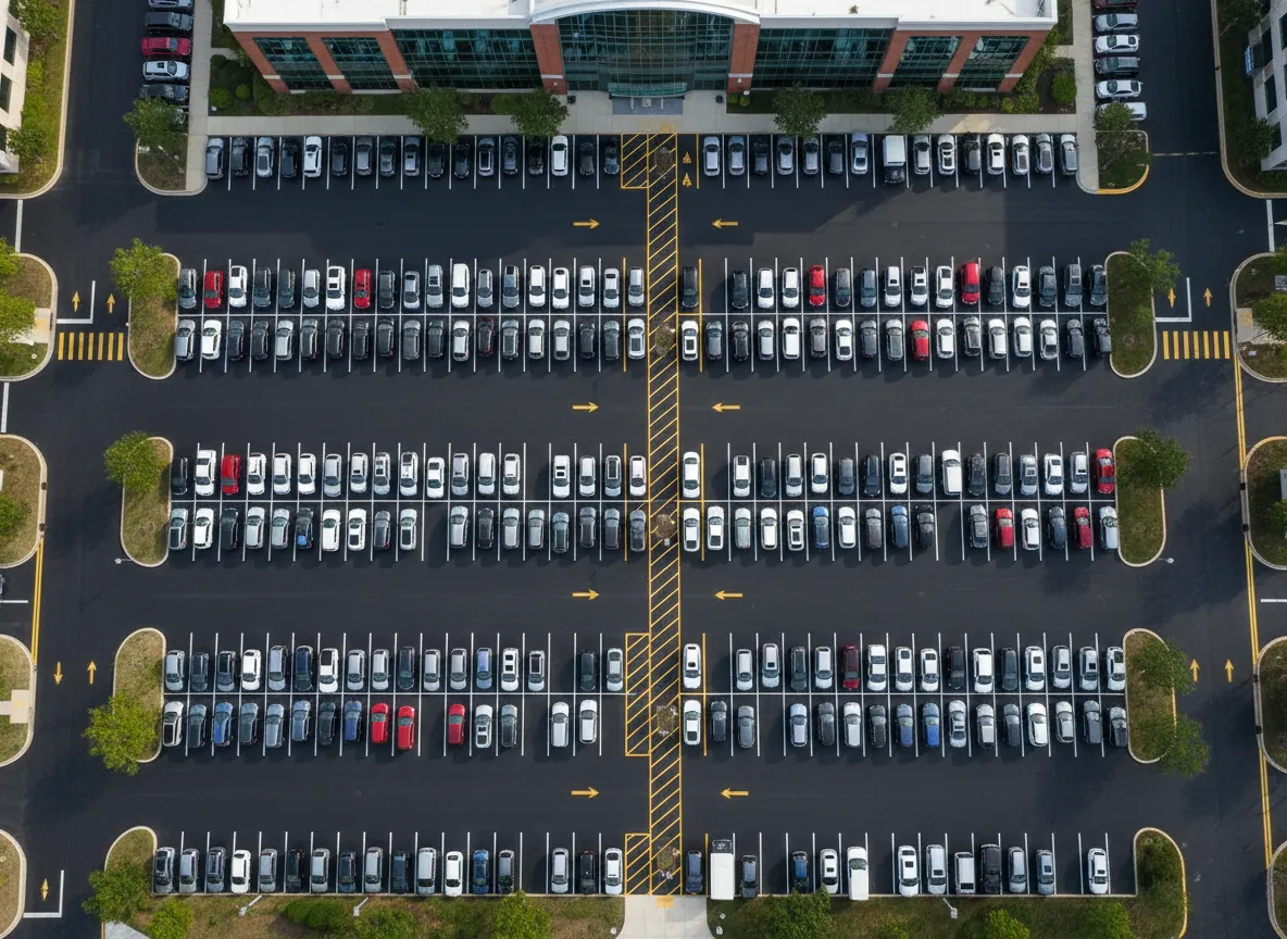 Drone overhead of full commercial parking lot with fresh black asphalt and bright striping