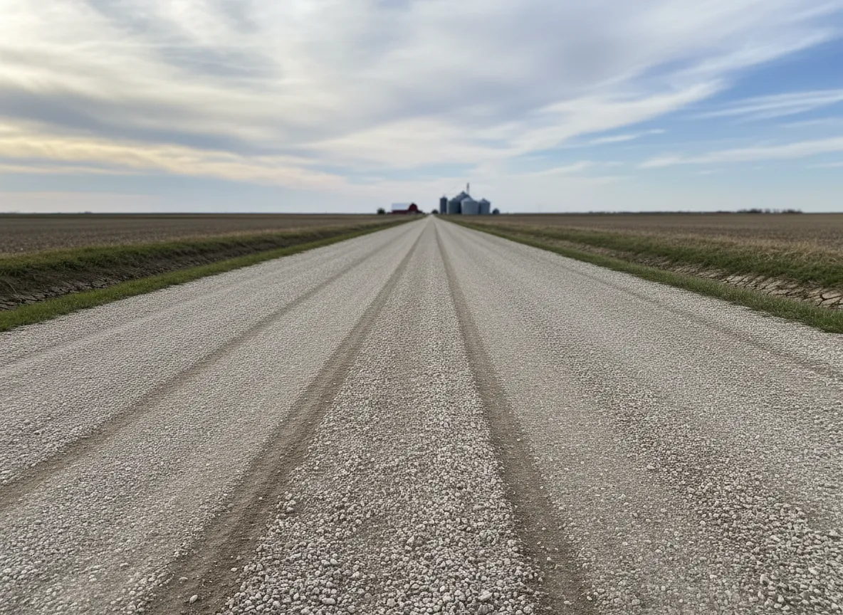 Chip seal farm road with gravel shoulders in rural Kansas