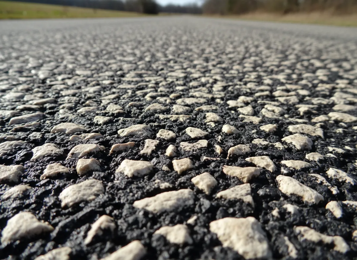 Close-up of chip seal surface showing aggregate embedded in asphalt binder.