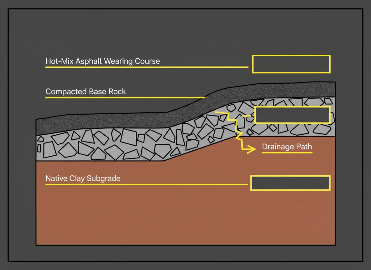 Technical cross-section diagram of a Kansas asphalt driveway showing asphalt, base, and subgrade layers