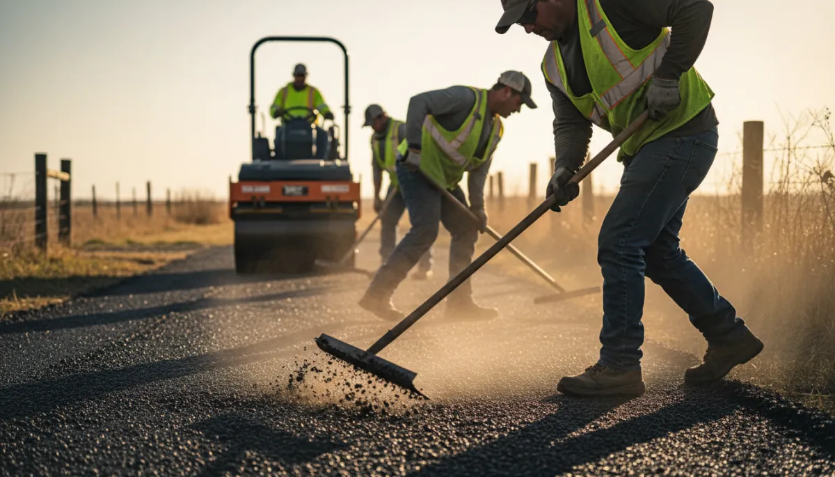 High-action shot of crew leveling hot asphalt during repair