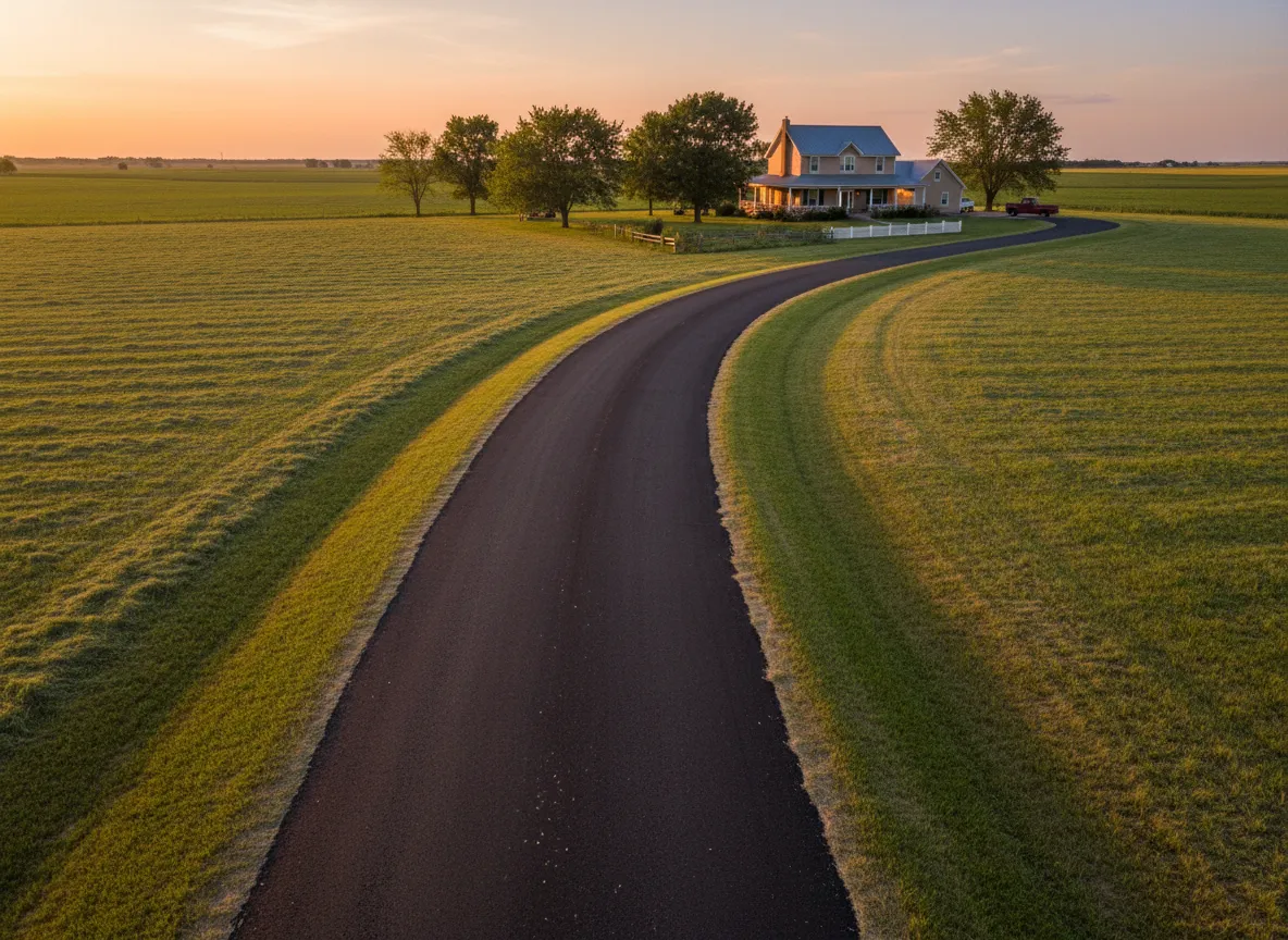 Chip sealed private lane leading to a rural home.