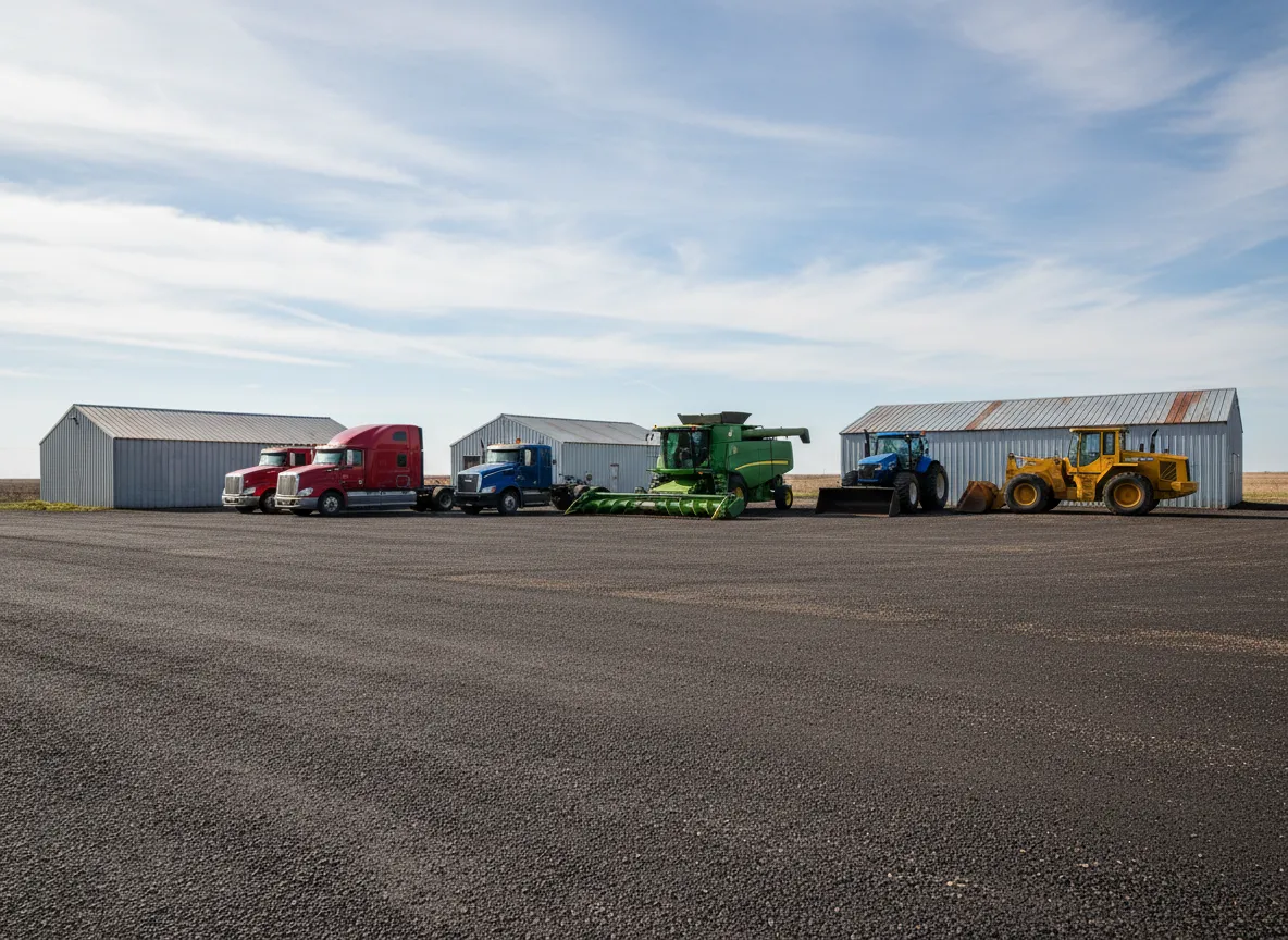 Chip sealed equipment yard surface for farm or ranch operation.