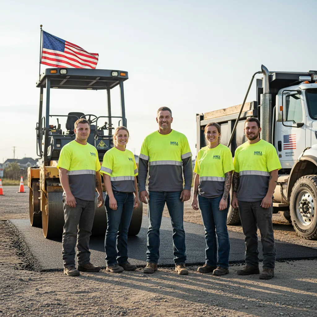 Portrait of Jeff Hull standing with paving crew in front of equipment and American flag