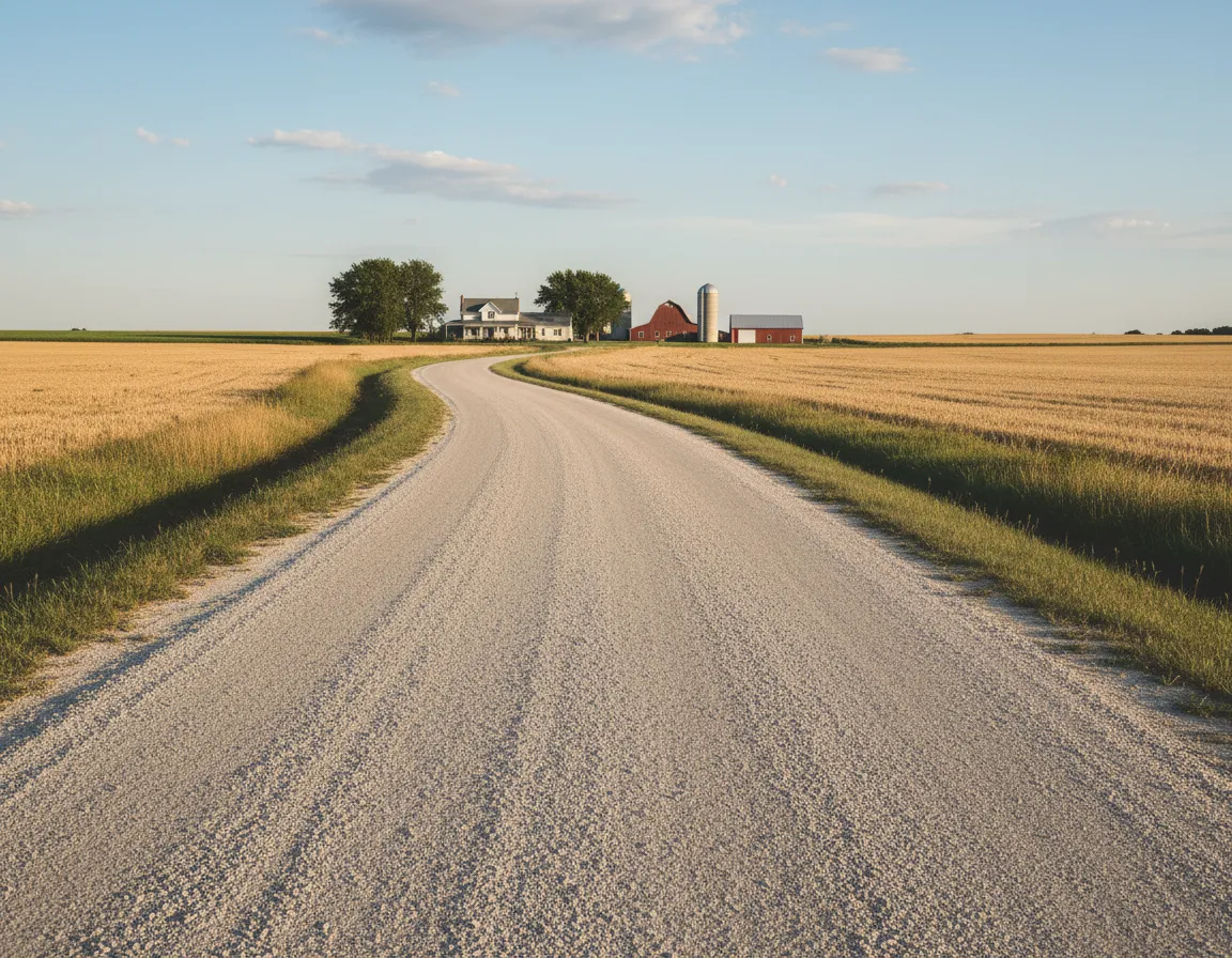 Chip seal lane leading to a Kansas farmhouse, showing textured surface