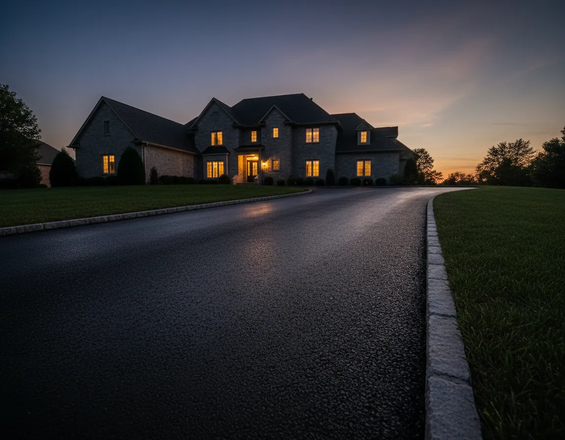 New oil-black asphalt driveway in front of a stone-grey Kansas home at dusk