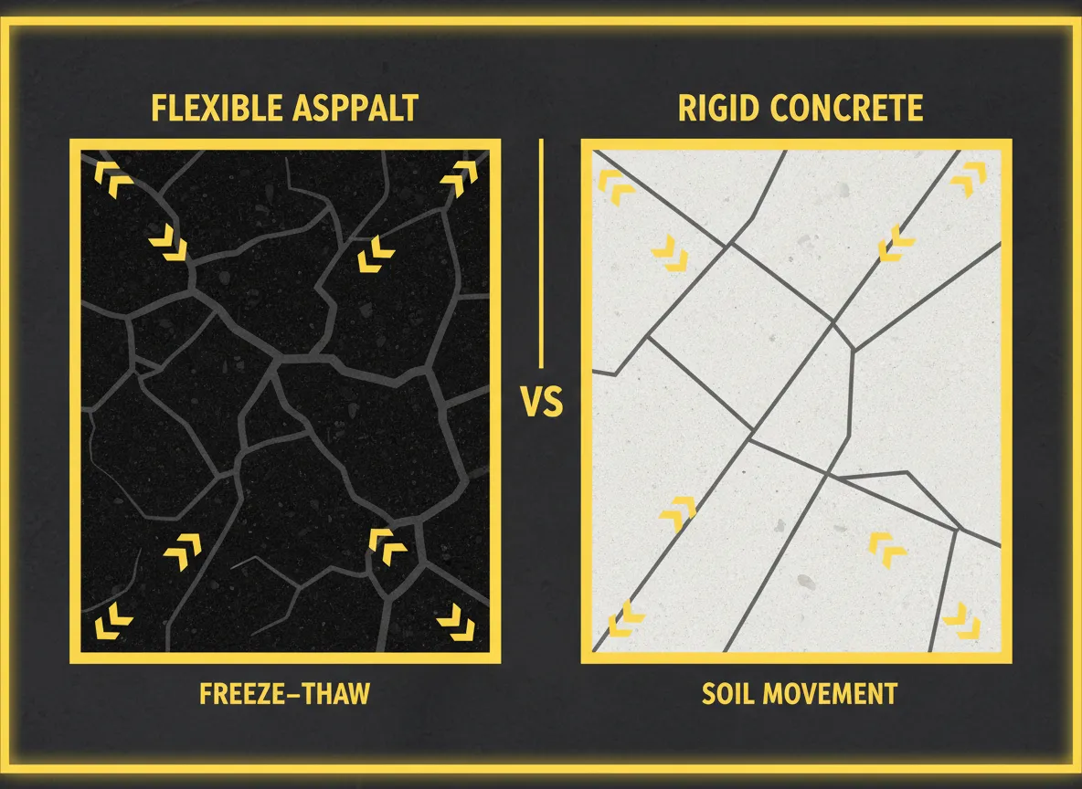 Technical top-down diagram comparing asphalt and concrete cracking patterns in freeze-thaw