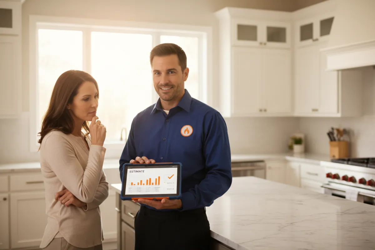 Technician showing transparent pricing on a tablet