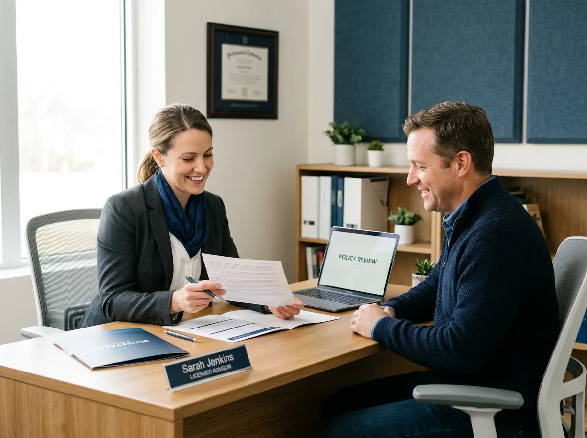 Licensed insurance professional reviewing policy documentation with clients