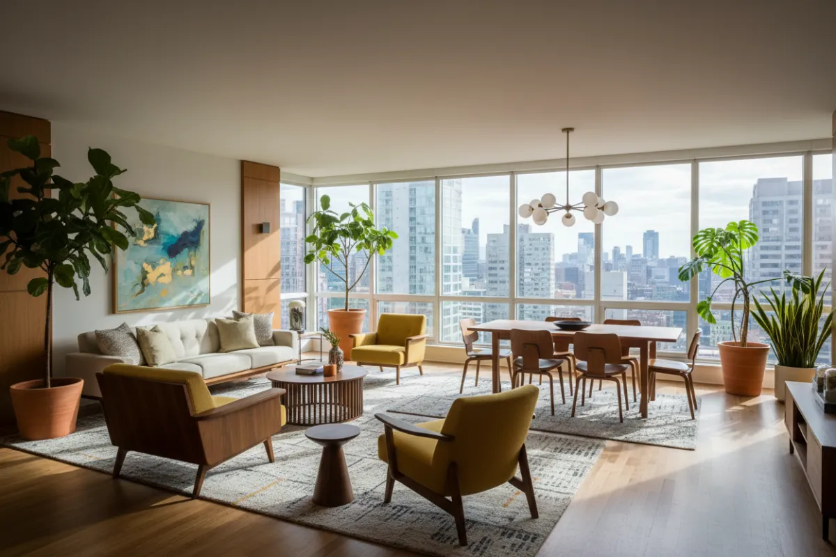 Wide shot of an open-plan renovated unit being inspected by a project manager, natural daylight, staged finishes, photorealistic composition showing flow between kitchen and living spaces, high-resolution clarity on finishes.